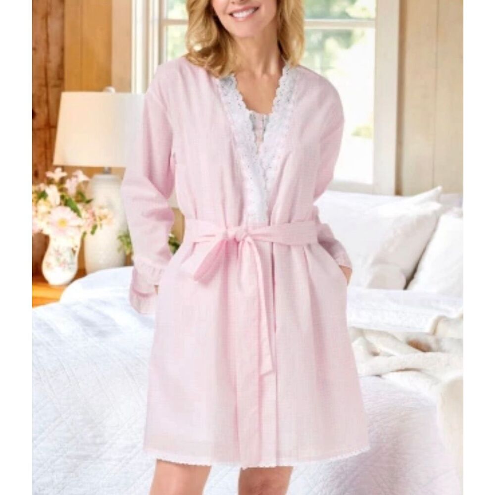 Eileen West Robe Eyelet Trim Wrap Gingham Pink White 2X
